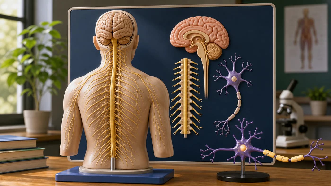 A classroom anatomy model of the brain, spinal cord, branching nerves, and a neuron model.