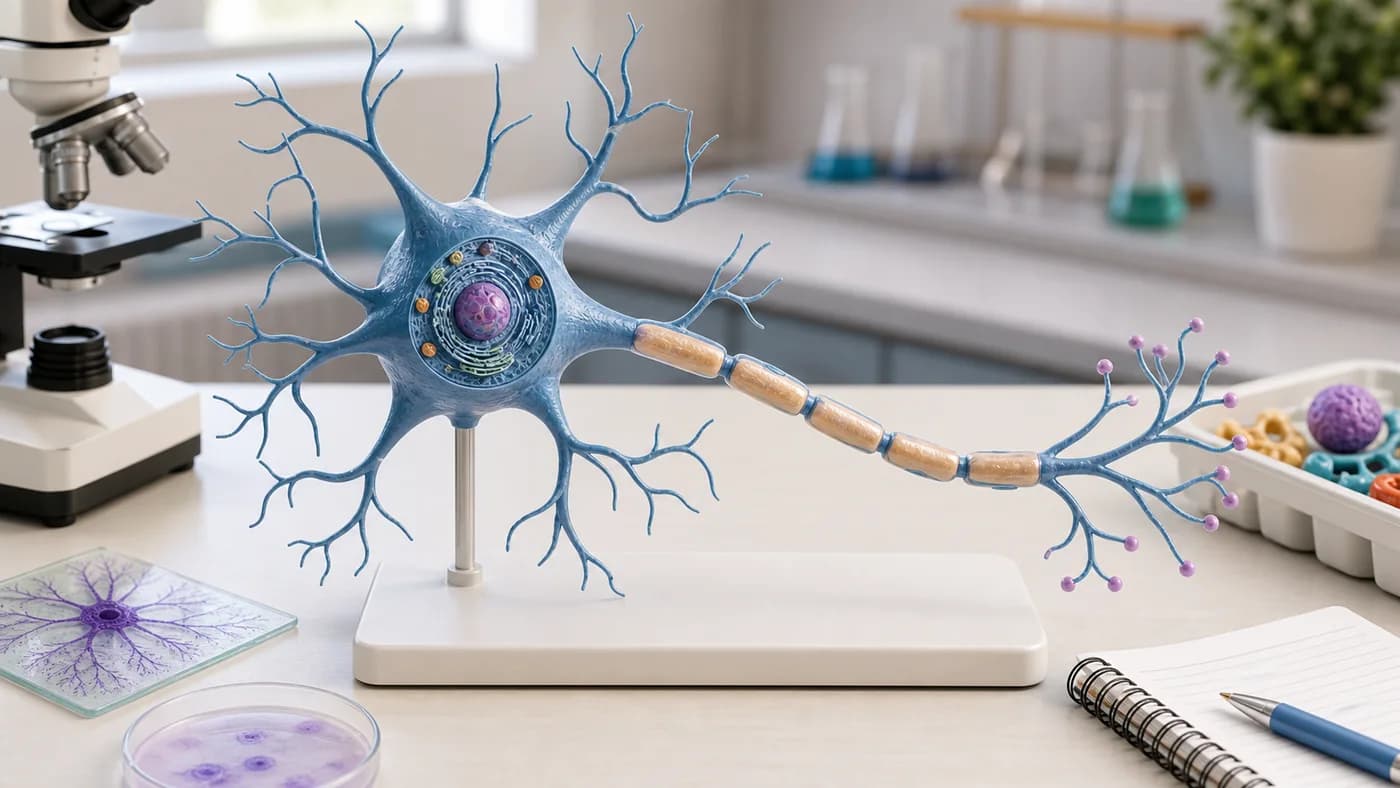 Large neuron model with cell body, dendrites, axon, and terminal branches on a biology lab desk.