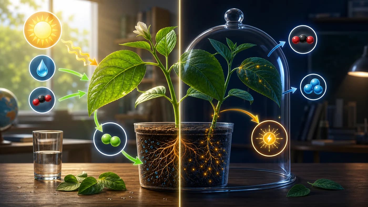 A split classroom plant scene comparing daytime photosynthesis with plant respiration.