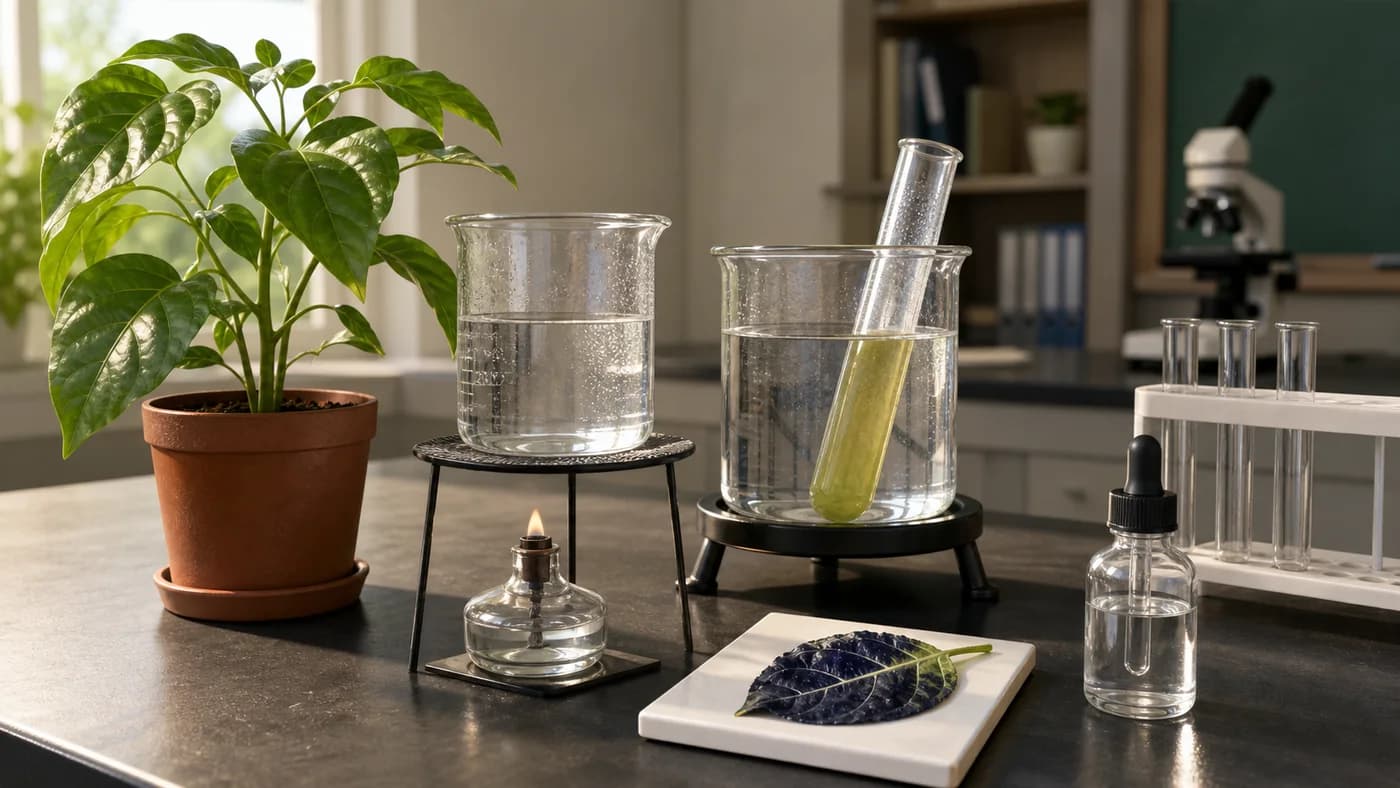 A classroom starch test setup with a plant, hot water bath, alcohol tube, iodine dropper, and tested leaf.