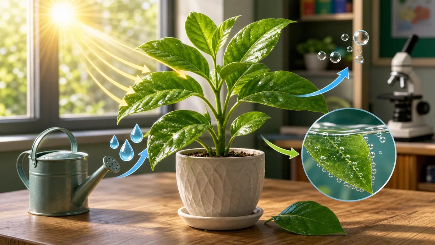 A green plant receiving sunlight and water, with visual arrows showing the main factors needed for photosynthesis.