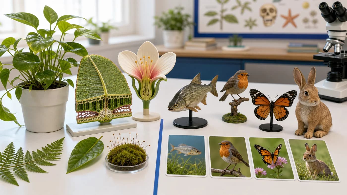 Plant models and animal figurines arranged in two broad groups showing Plantae and Animalia.
