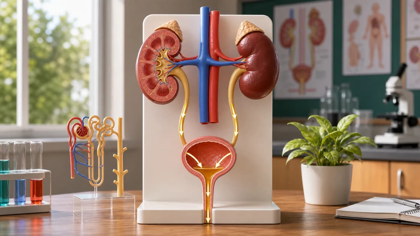 A teaching model of kidneys, ureters, bladder, and urethra showing the urinary system pathway.