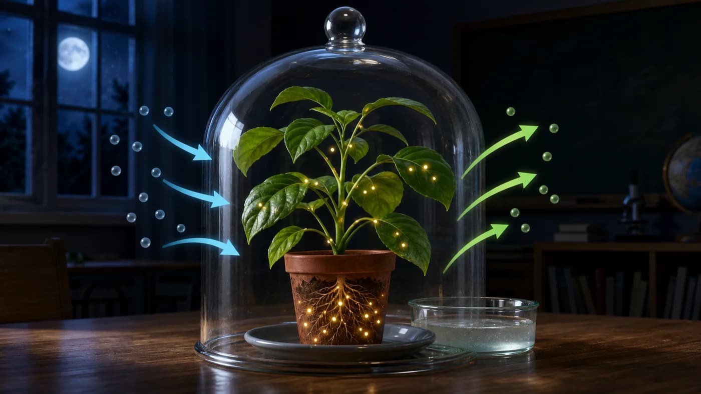A potted plant under a bell jar with limewater and energy glow showing respiration in plants.