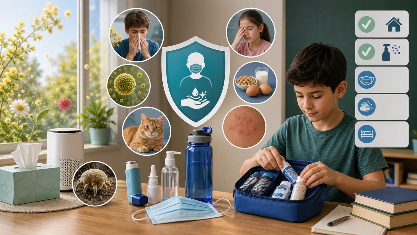 A student care kit with seasonal and indoor allergy precautions arranged for safe allergy management.