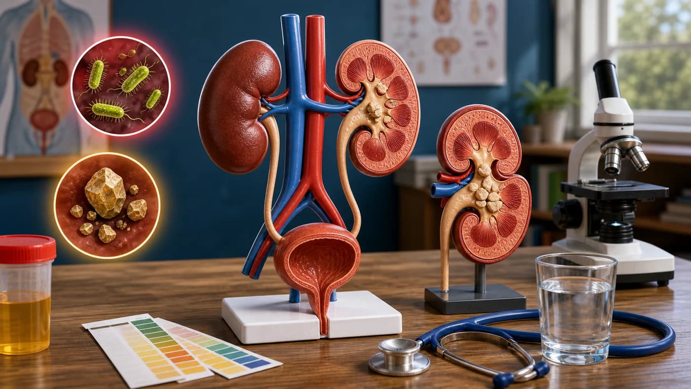 Kidney and urinary tract models with health check tools showing urinary infection and kidney stone ideas.