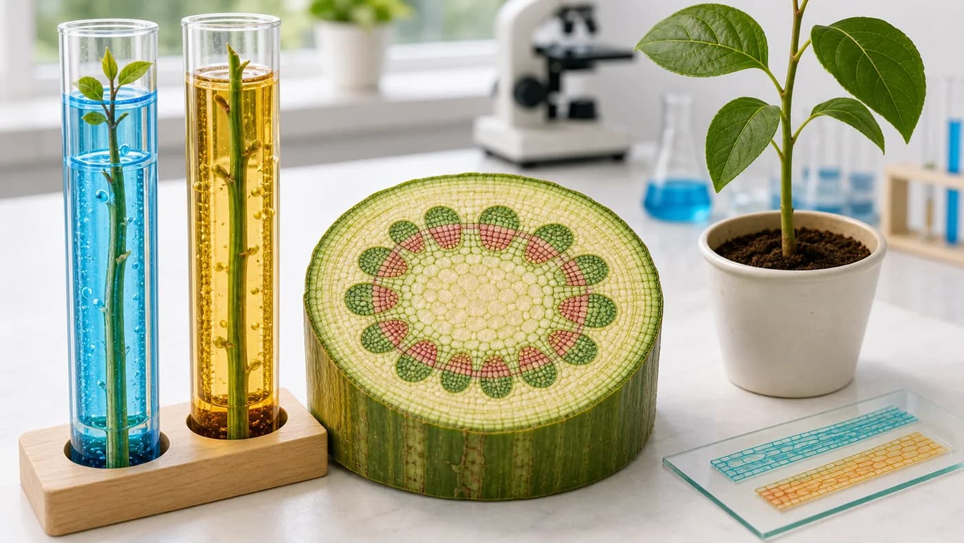 Plant stem vascular bundle model with transport tubes and potted plant showing xylem and phloem movement.