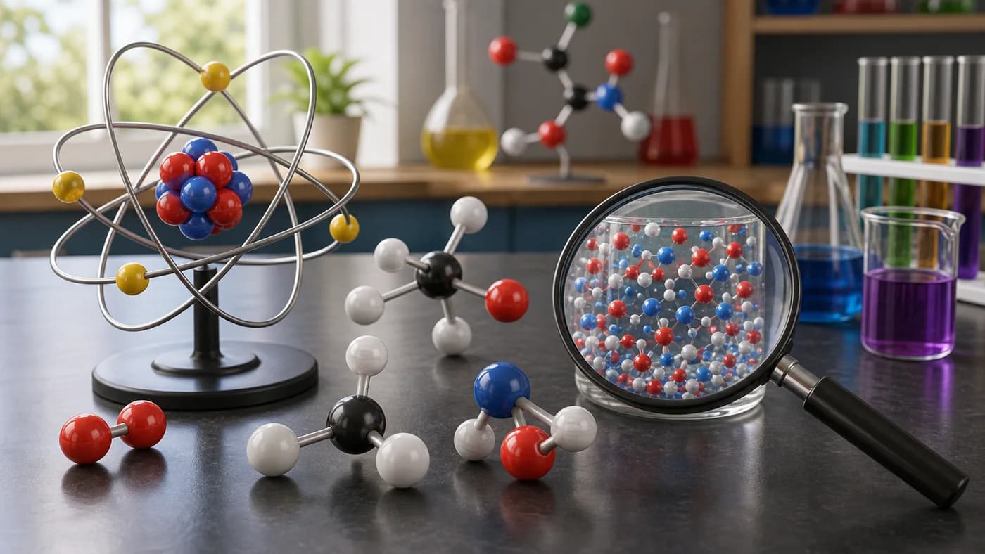 Colourful atom and molecule models with a magnifying glass over particles in a sample container.