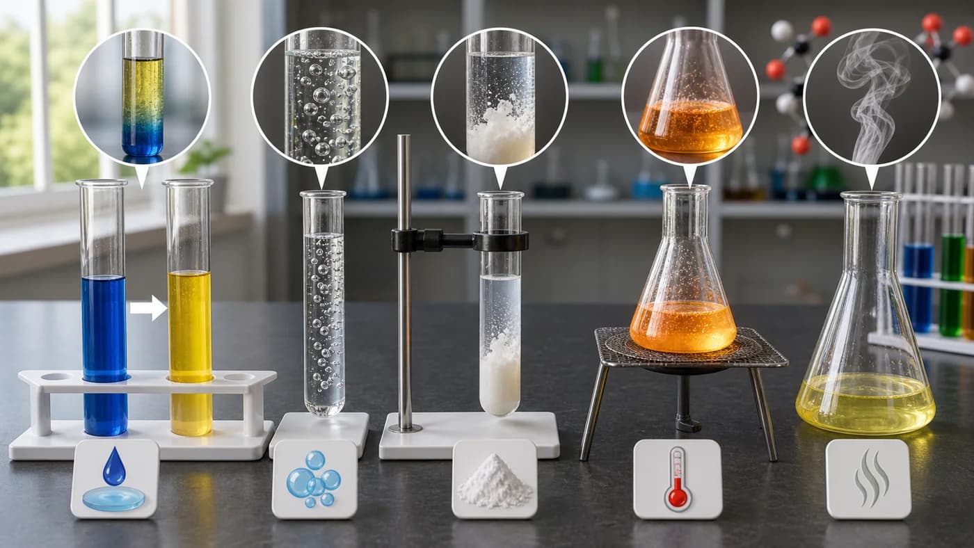 A lab bench with colour change, gas bubbles, precipitate, heat, and vapour cues showing signs of chemical reactions.