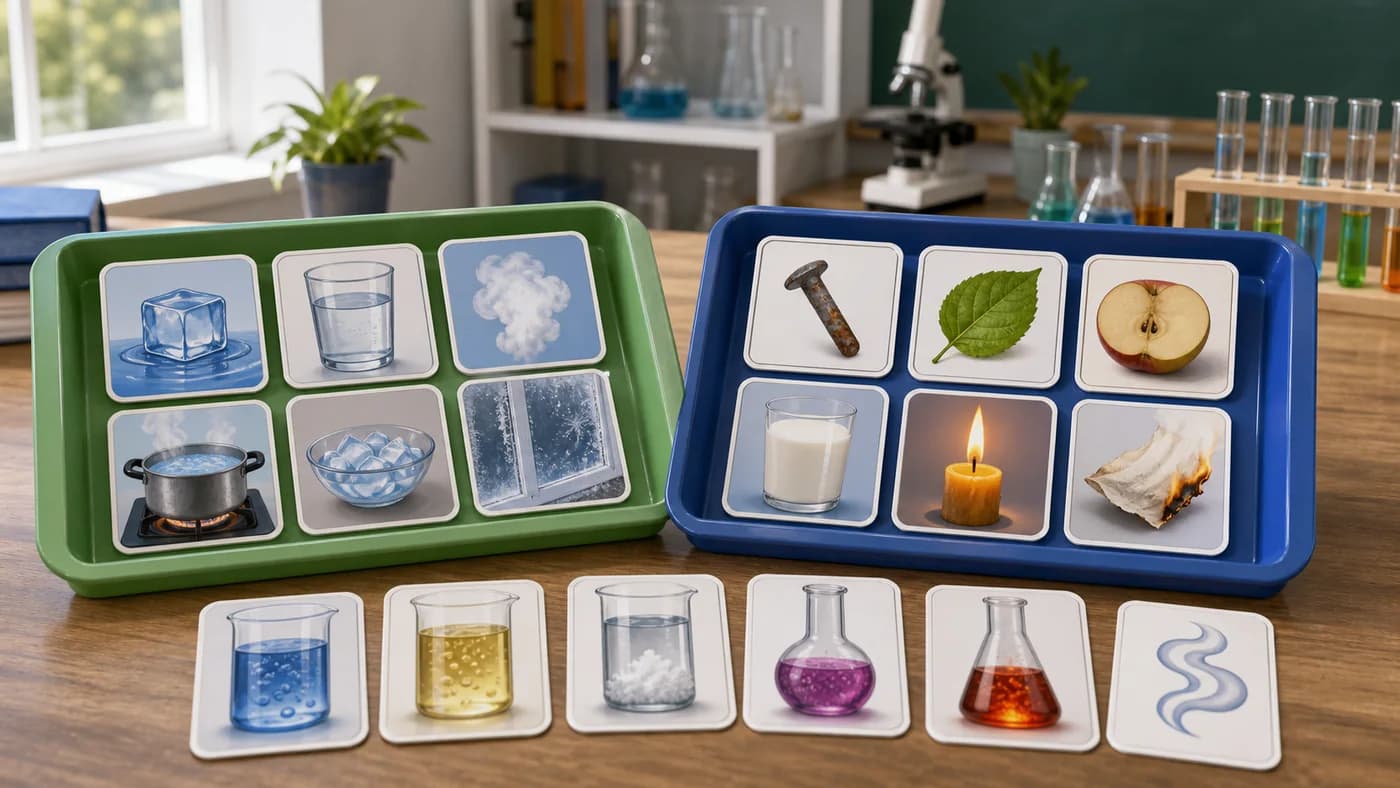 Classroom sorting cards showing change of state, colour change, gas bubbles, precipitate, and heat release.