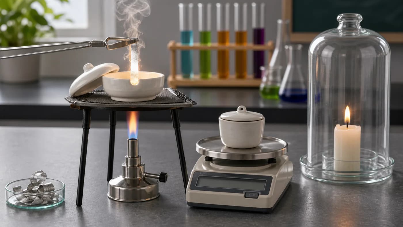 A safe lab setup with burning magnesium in a covered crucible, balance, and candle under glass.
