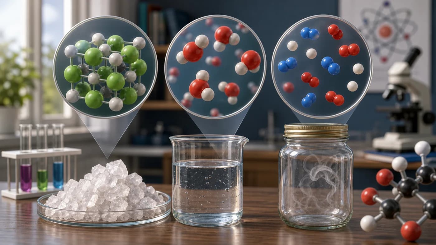 Particle models beside salt, water, and air samples showing atoms, molecules, and mixed matter.