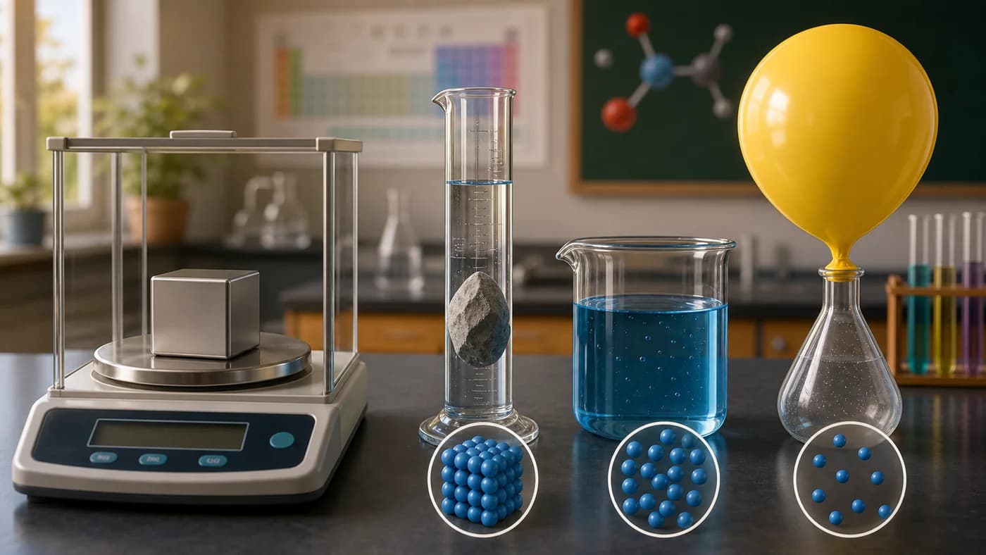 A lab table with balance, measuring cylinder, solid cube, liquid, and gas balloon showing matter has mass and occupies space.