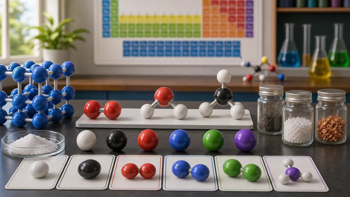 Atom and molecule models with sample jars showing how symbols and formulae represent elements and compounds.