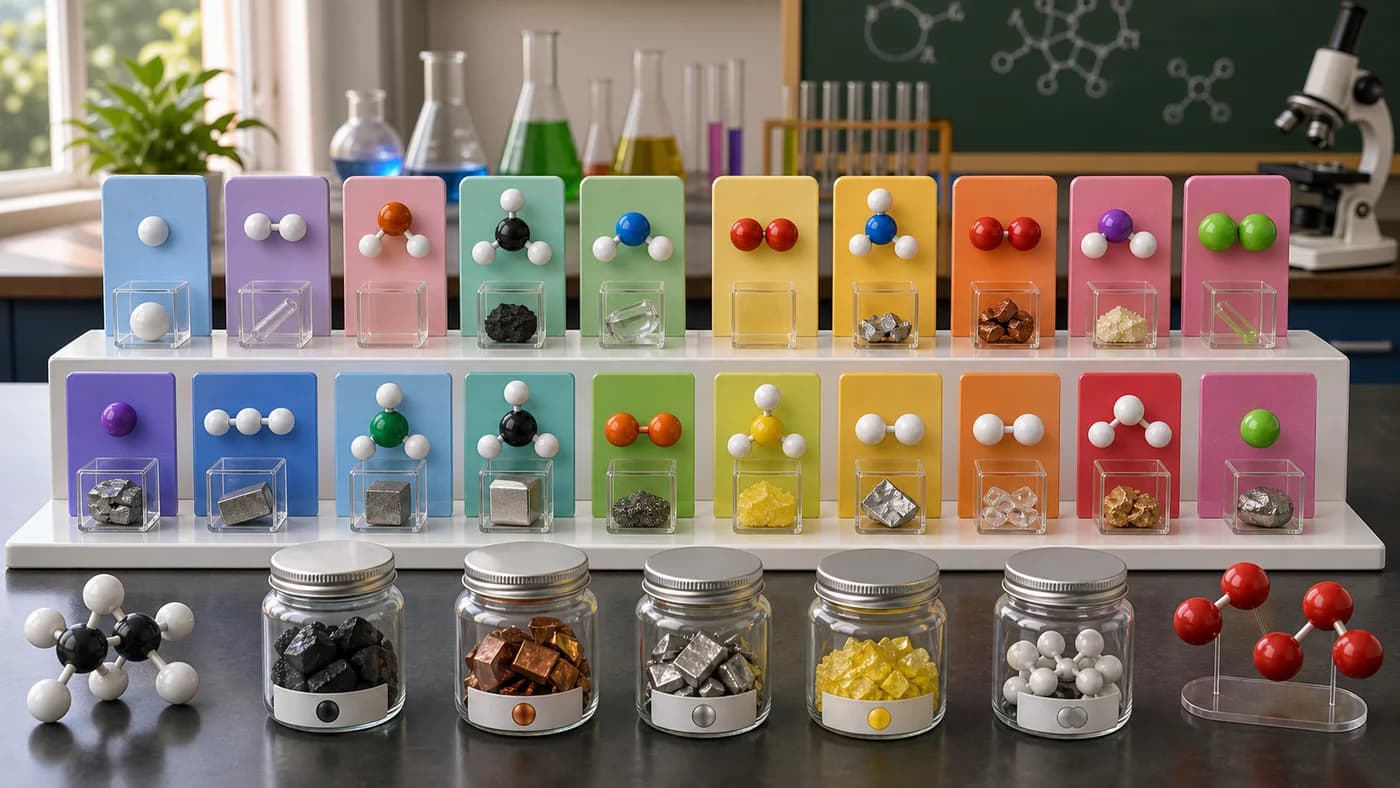Colourful element sample blocks, atom models, and safe sample jars arranged as a first-elements classroom display.