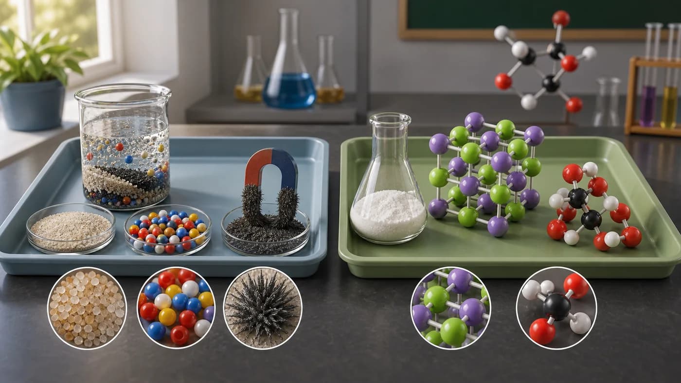 A lab bench comparison of separable mixed materials and bonded molecule models for compounds.