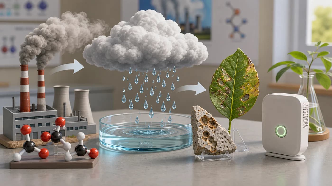 A classroom environmental chemistry model showing smoke, cloud, rain, damaged leaf, corroded stone, and air-quality sensor.