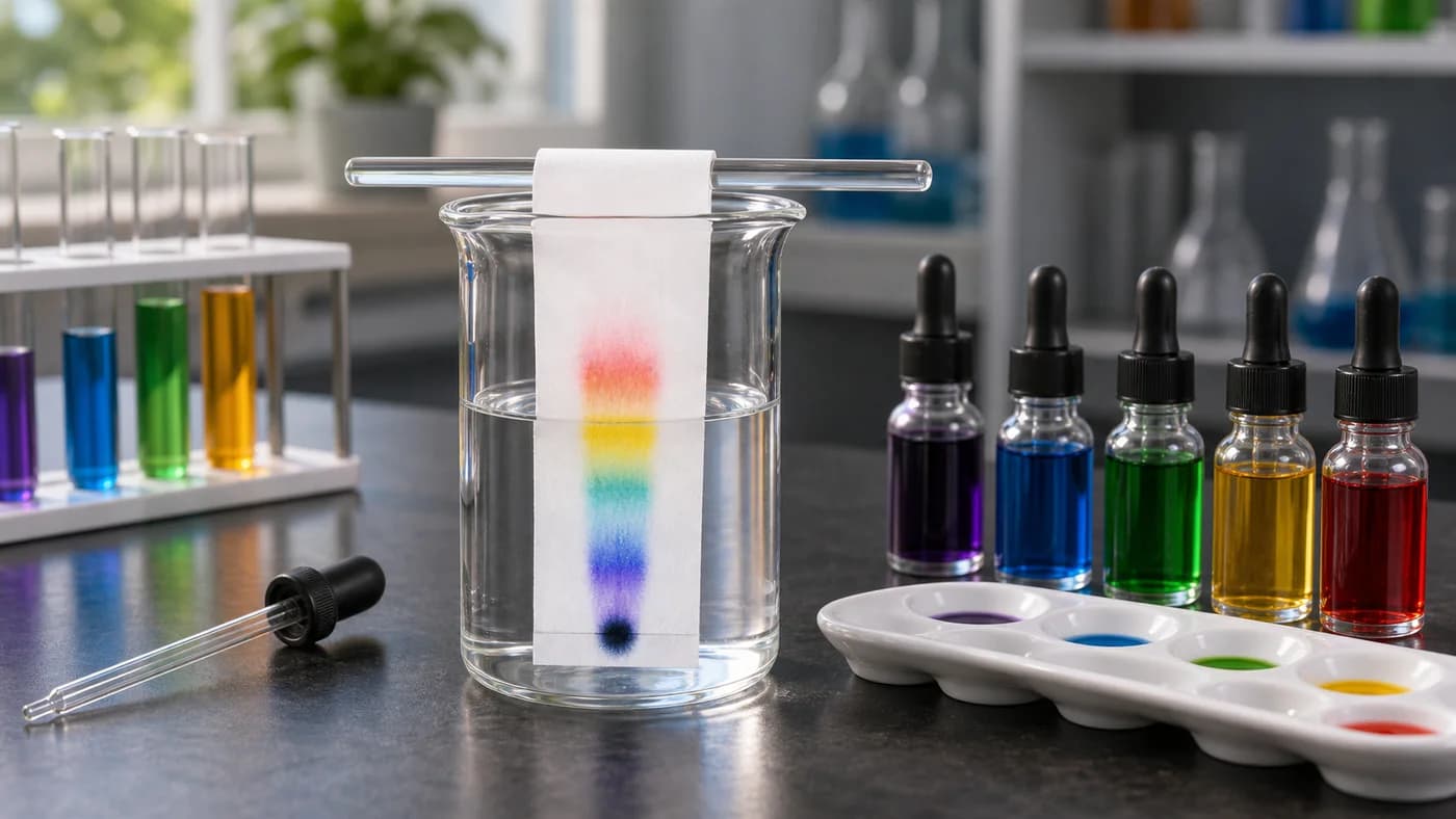 A paper chromatography setup with coloured ink separating into bands on filter paper in a beaker.