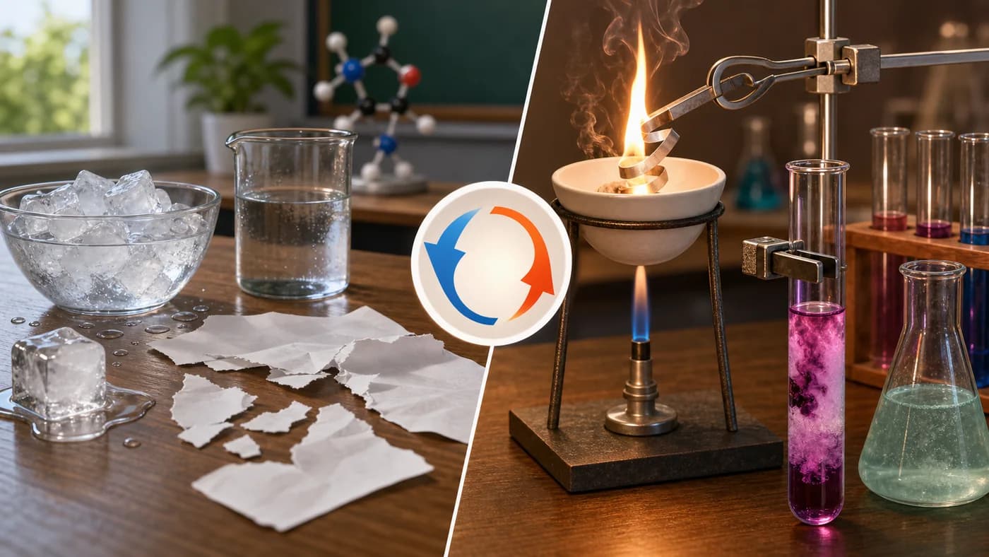 A lab table comparing melting ice and torn paper with burning magnesium and a colour-change reaction.