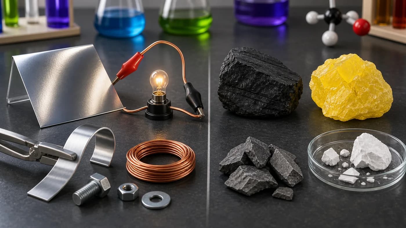 Metal and non-metal samples showing shine, conduction, bending, and brittleness on a classroom bench.