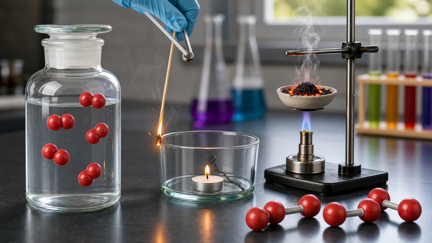 A gas jar, relighting splint, oxygen molecule models, and safe combustion support setup.