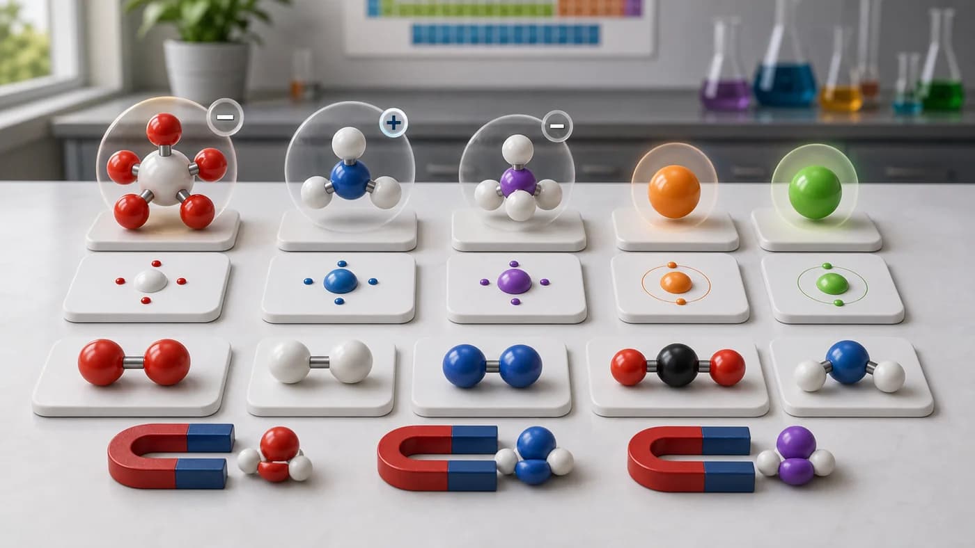 Grouped charged particle models and monoatomic, diatomic, and triatomic molecule models showing radicals and atomicity.