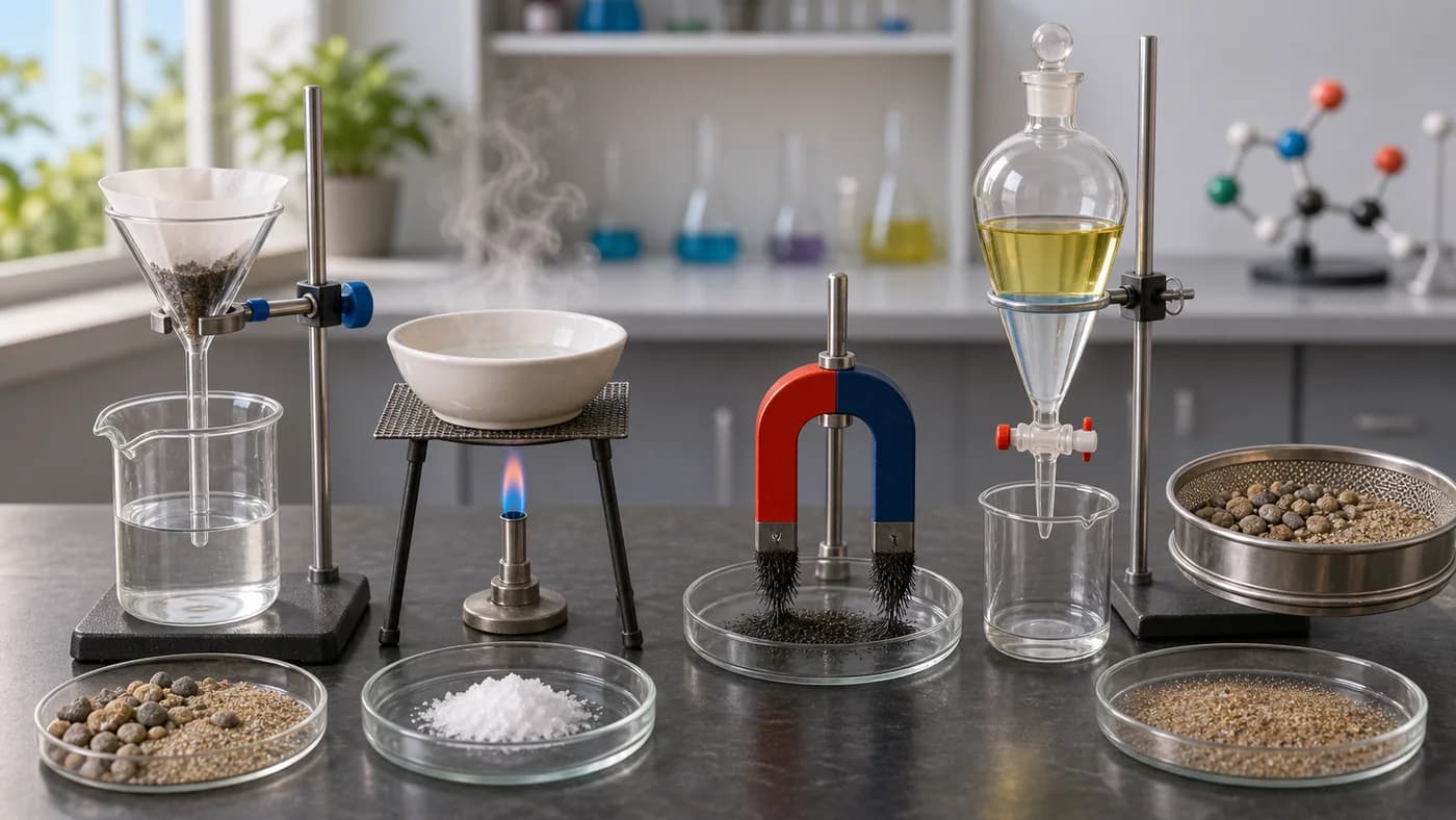 Filtration, evaporation, magnetic separation, separating funnel, and sieving apparatus arranged on a school lab bench.
