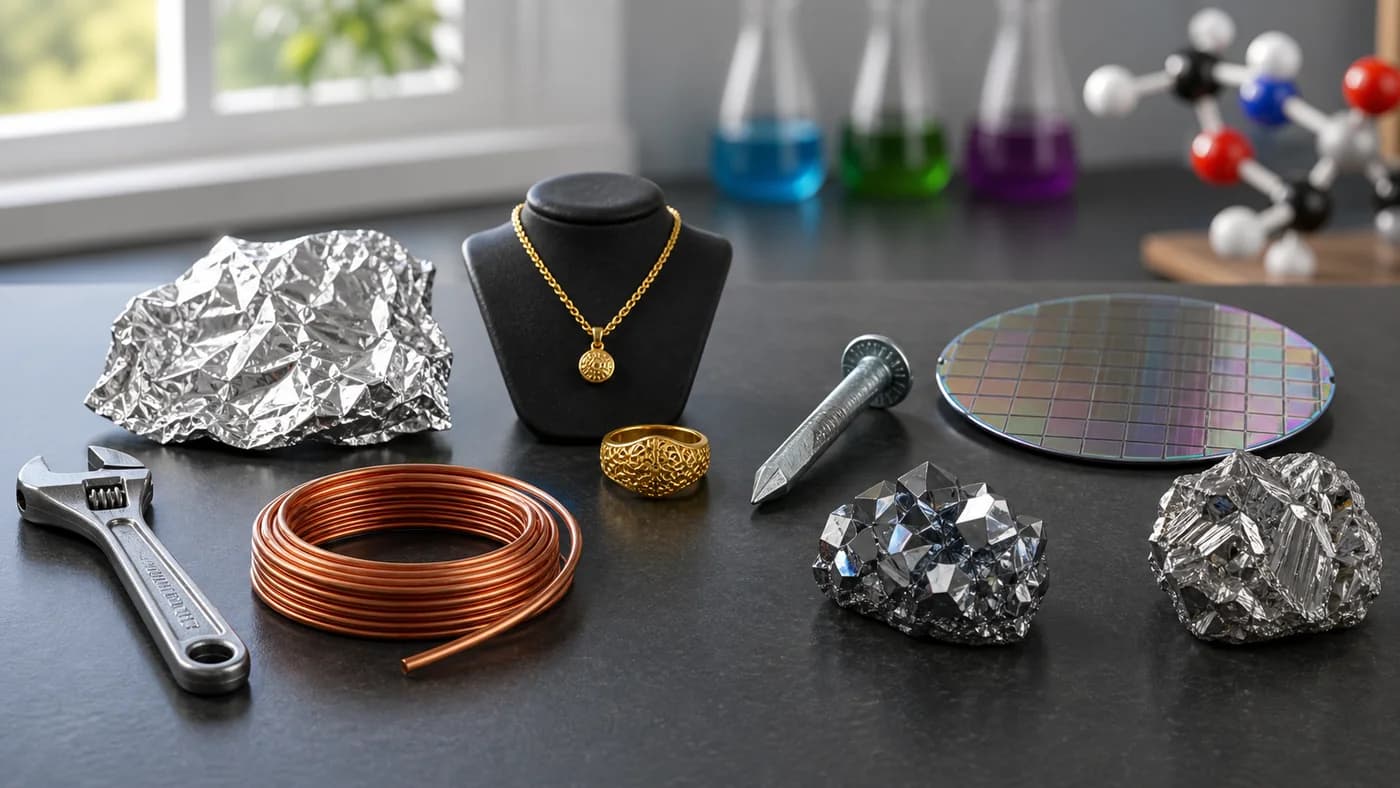 A classroom materials display with iron, copper, aluminium, gold, zinc coating, and metalloid chip and crystal models.