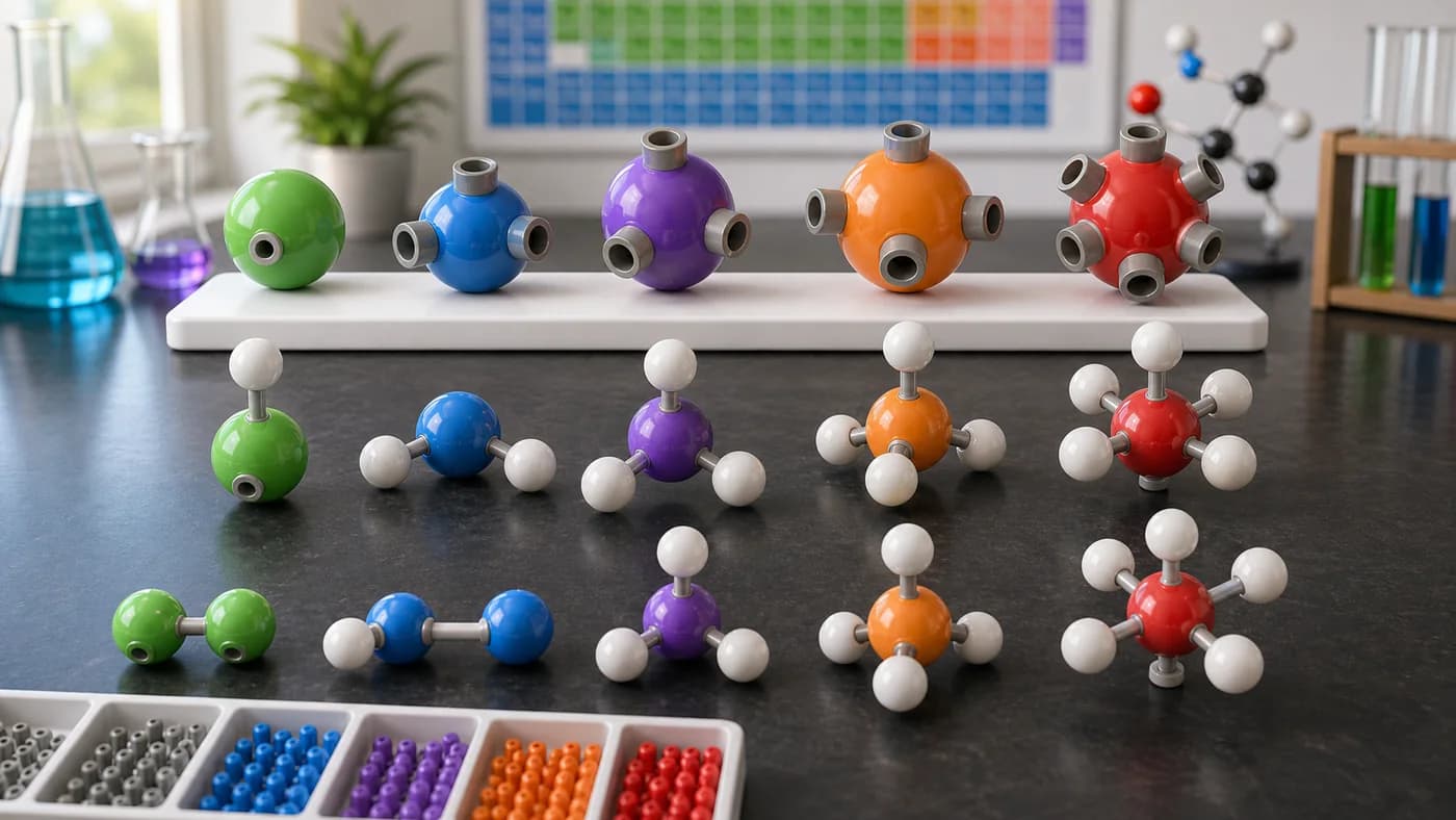 Atom models with connector sockets joining to hydrogen-like spheres to show valency and combining capacity.