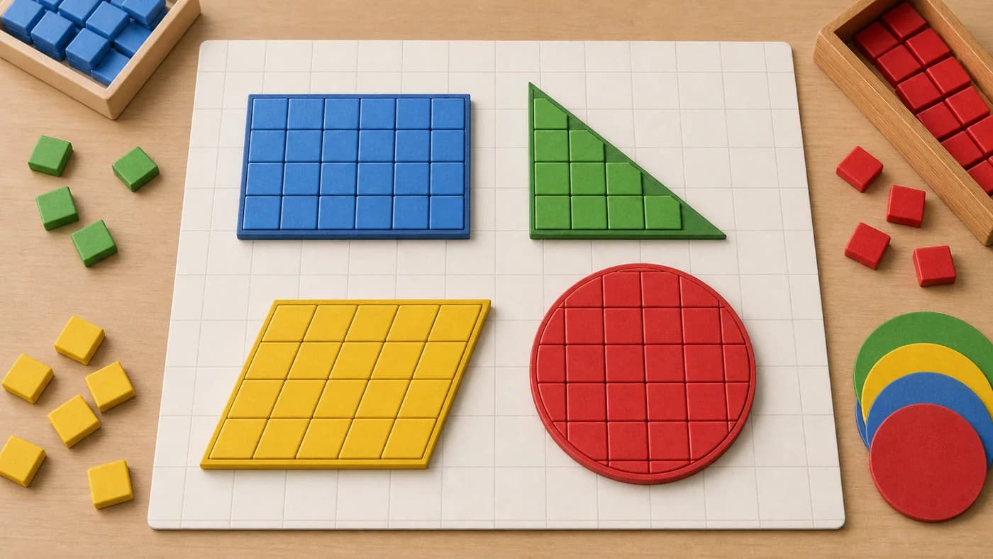 Rectangle, triangle, parallelogram, and circle cutouts on a square-tile mat showing area as surface coverage.