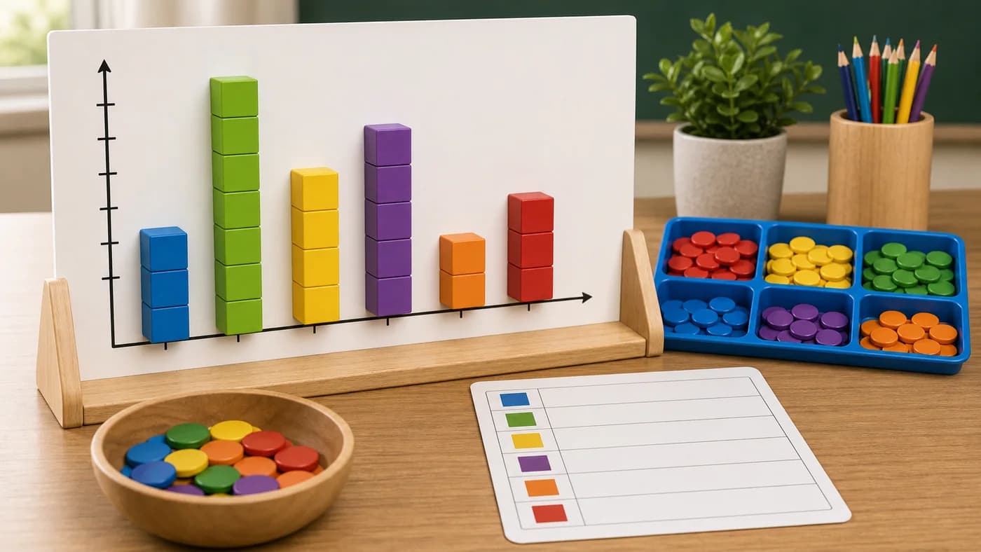 Coloured block towers on a blank axis board with sorted counters showing bar graph data representation.