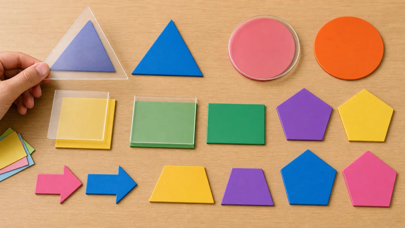 Matching triangle and circle cutouts with transparent overlays showing congruent shapes by superimposition.