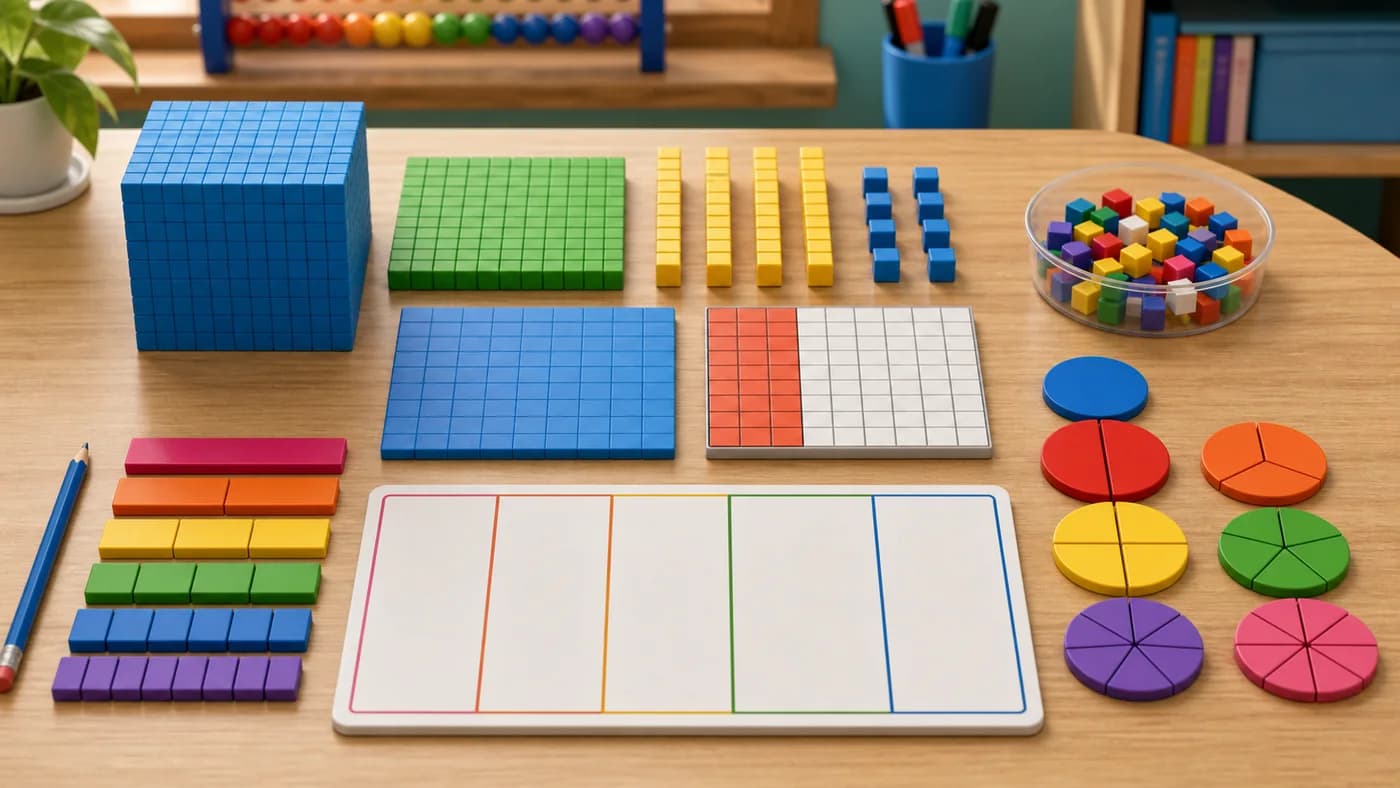 Base-ten blocks, decimal grid tiles, fraction circles, and fraction bars arranged on a blank place-value mat.
