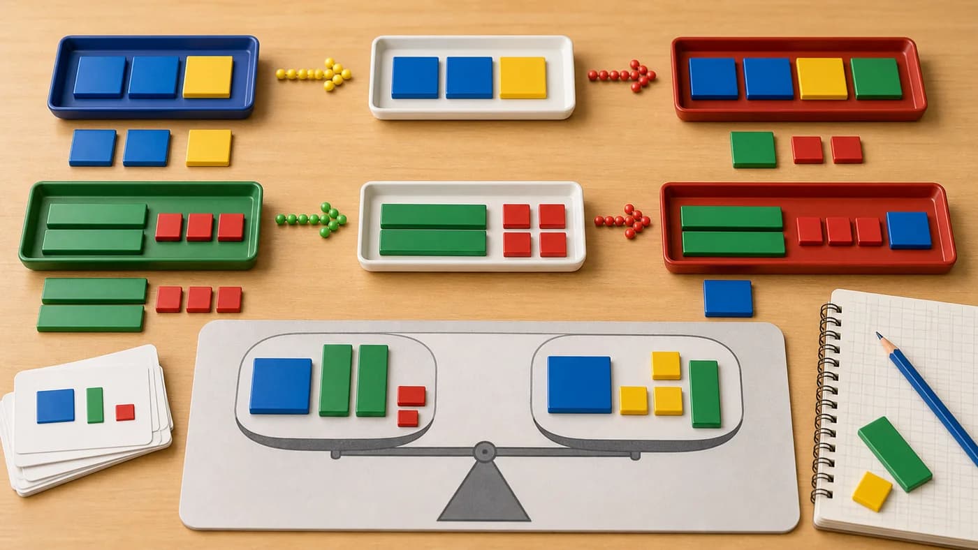Blank algebra tiles being added, removed, and combined into matching groups on a classroom math mat.
