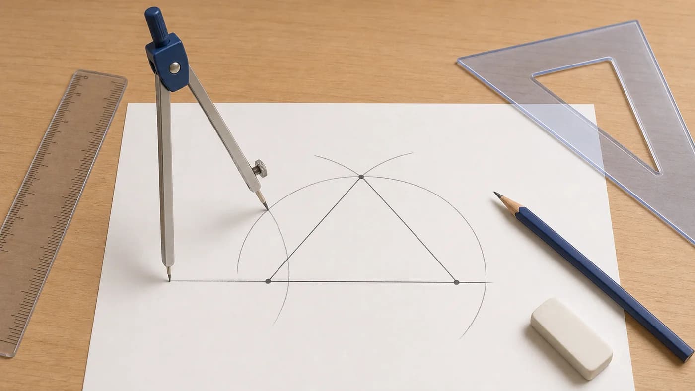 Compass, pencil, set square, and clean construction arcs forming a triangle on blank paper.