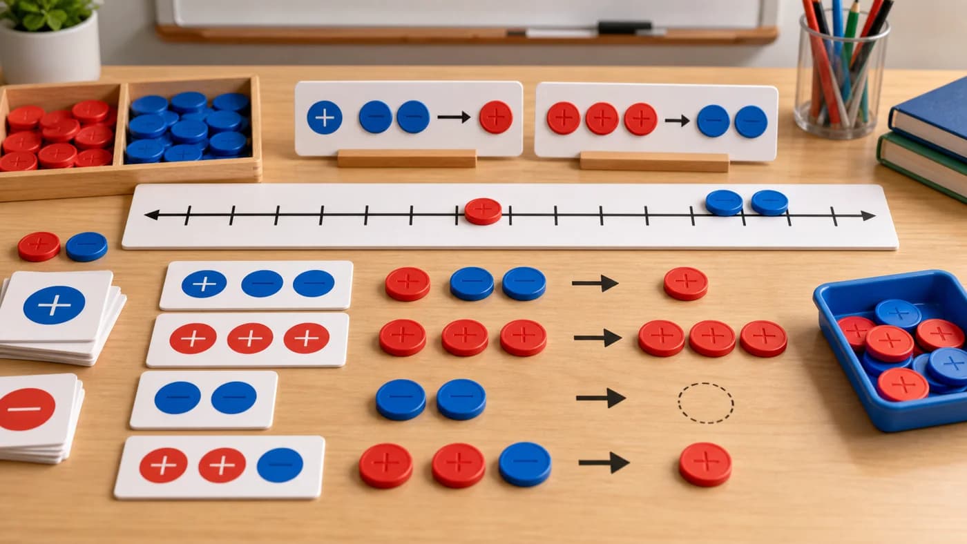 Red and blue integer counters on a blank number line mat showing addition and subtraction of integers.