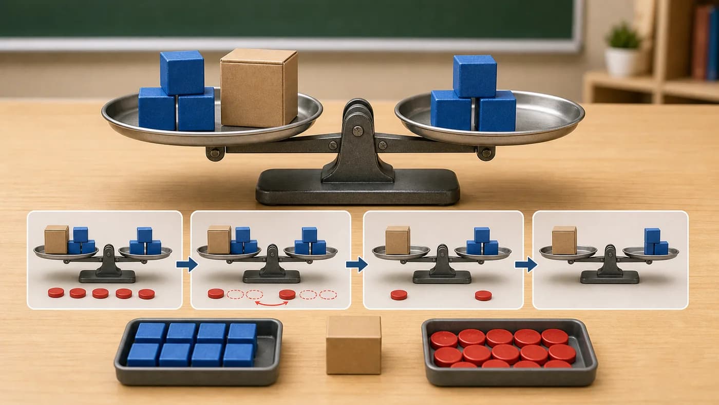 A physical balance scale with plain blocks, a covered mystery box, and counters removed equally from both pans.