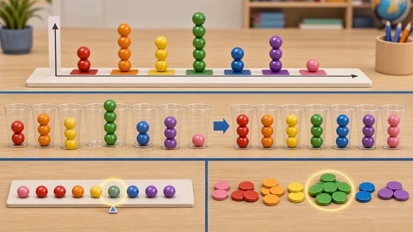 Coloured bead stacks, levelled rows, a centre bead, and repeated tokens showing mean, median, and mode.