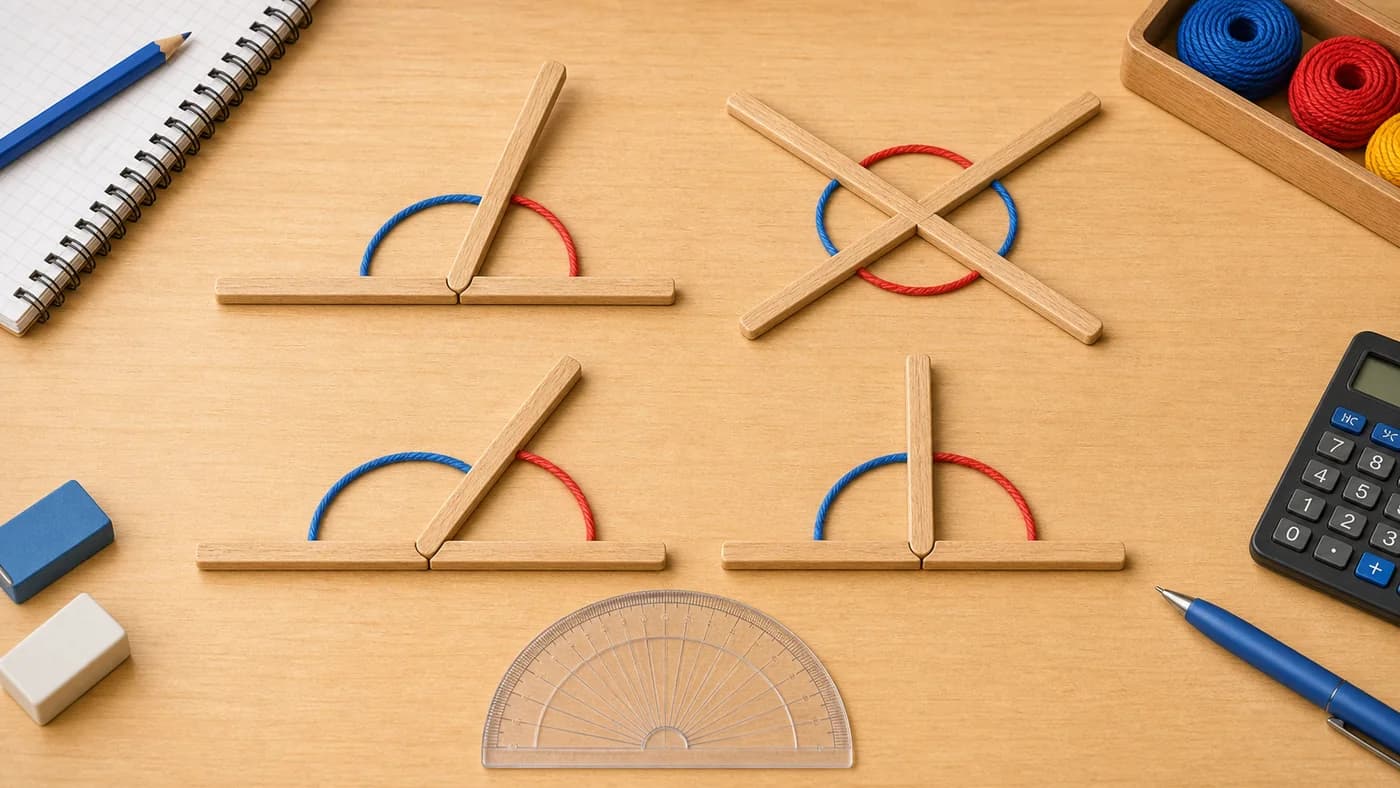 Wooden sticks forming intersecting lines with coloured angle arcs showing pairs of angles.