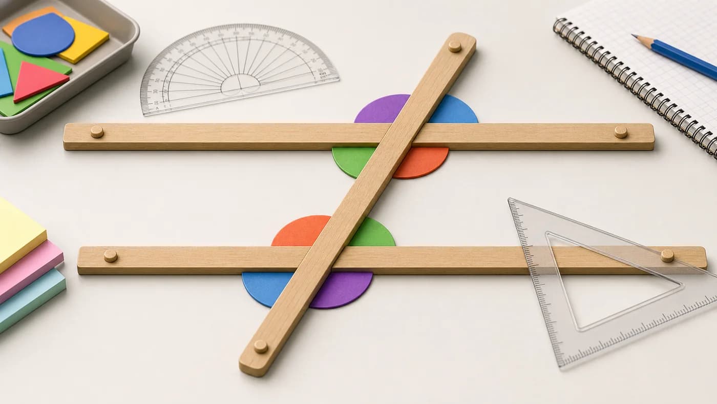 Two parallel rails crossed by a diagonal strip with coloured angle arcs showing transversal angle relationships.