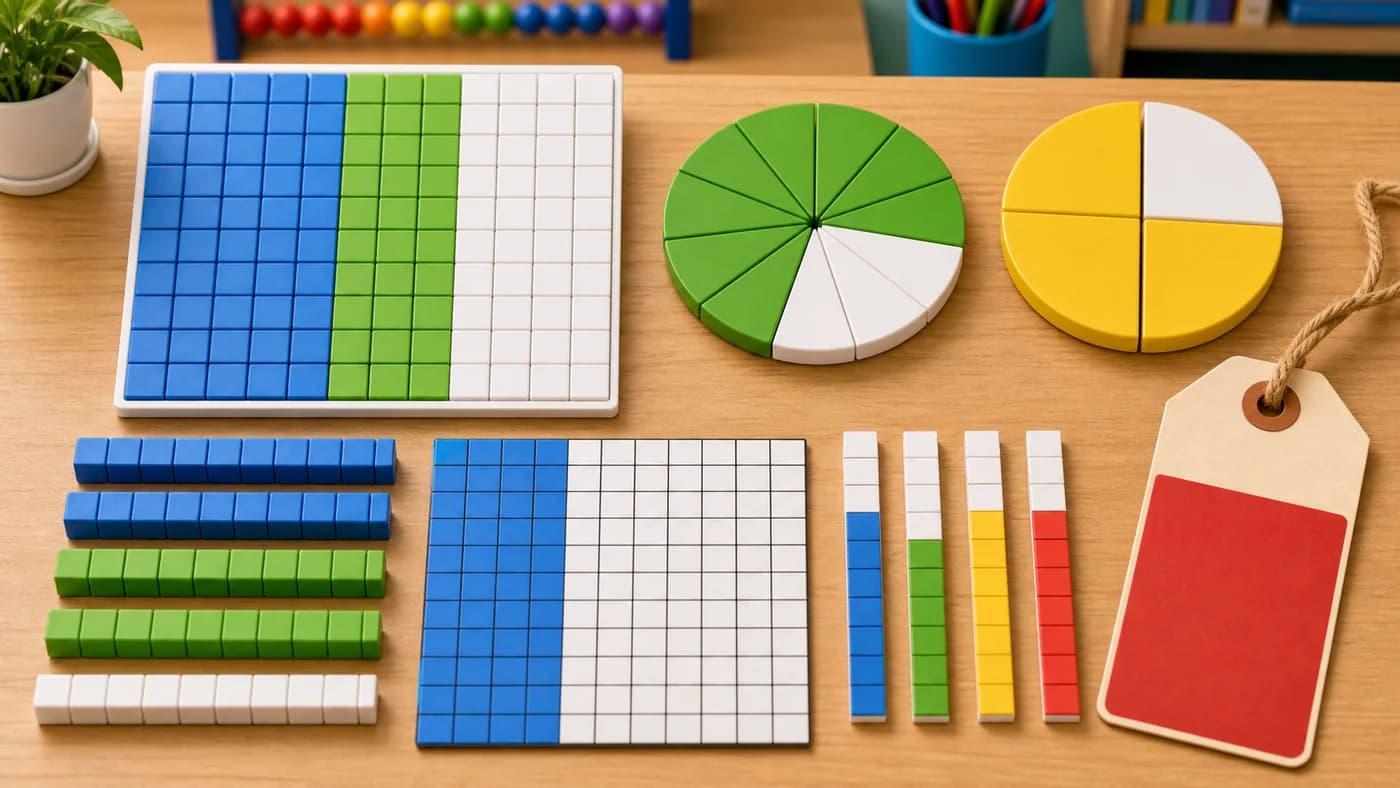 Hundred-grid tiles, fraction circles, decimal blocks, and blank tag shapes showing parts of a whole.