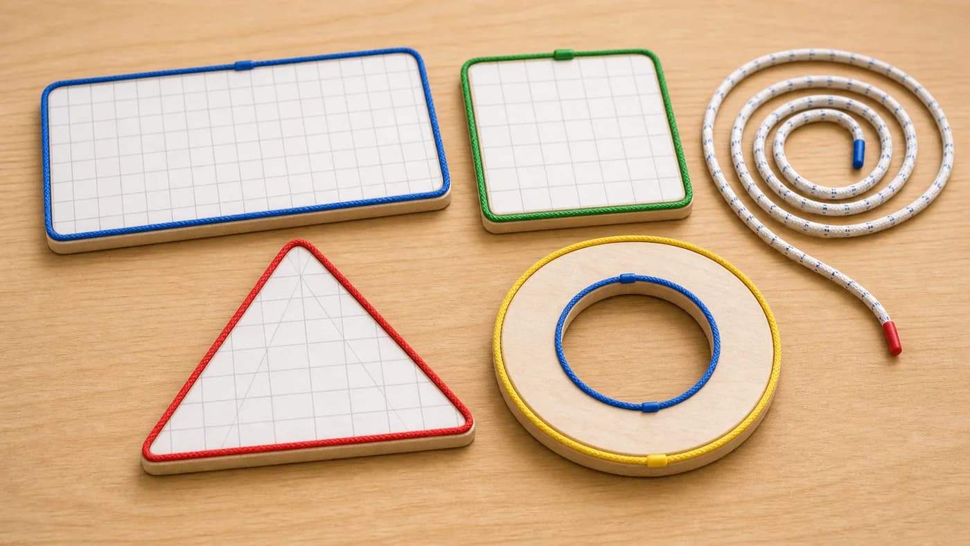 Shape cutouts with coloured string tracing rectangle, triangle, square, and circle boundaries to show perimeter and circumference.