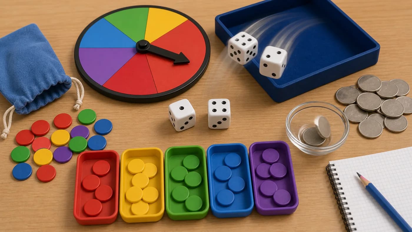 Dice cubes, blank coins, a coloured spinner, and outcome counters showing chance experiments and randomness.