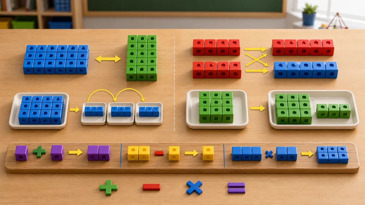 Arrays of blocks being regrouped, swapped, and distributed across trays to show integer operation properties.