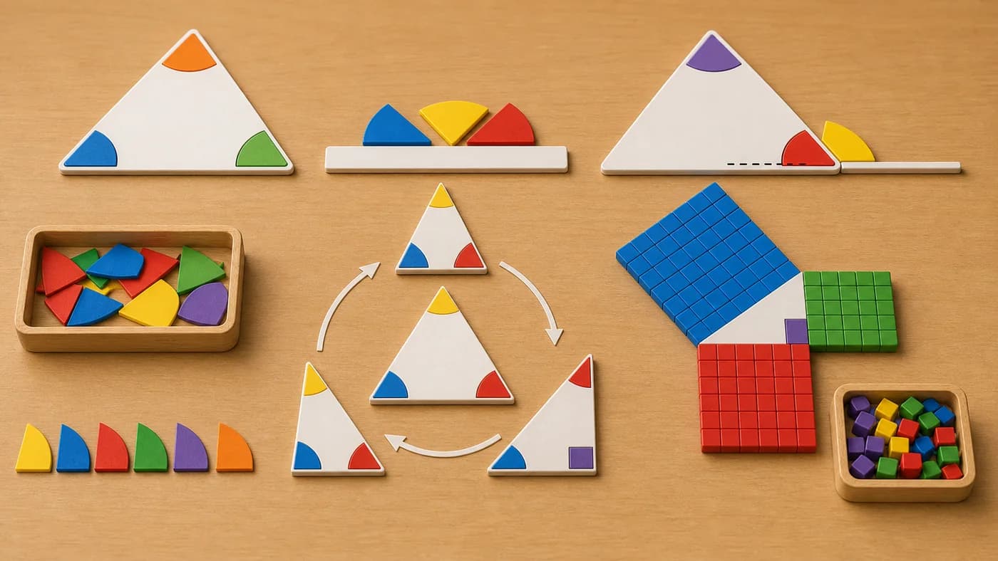 Triangle cutouts, corner pieces, exterior angle model, and right-triangle tiles showing triangle properties.