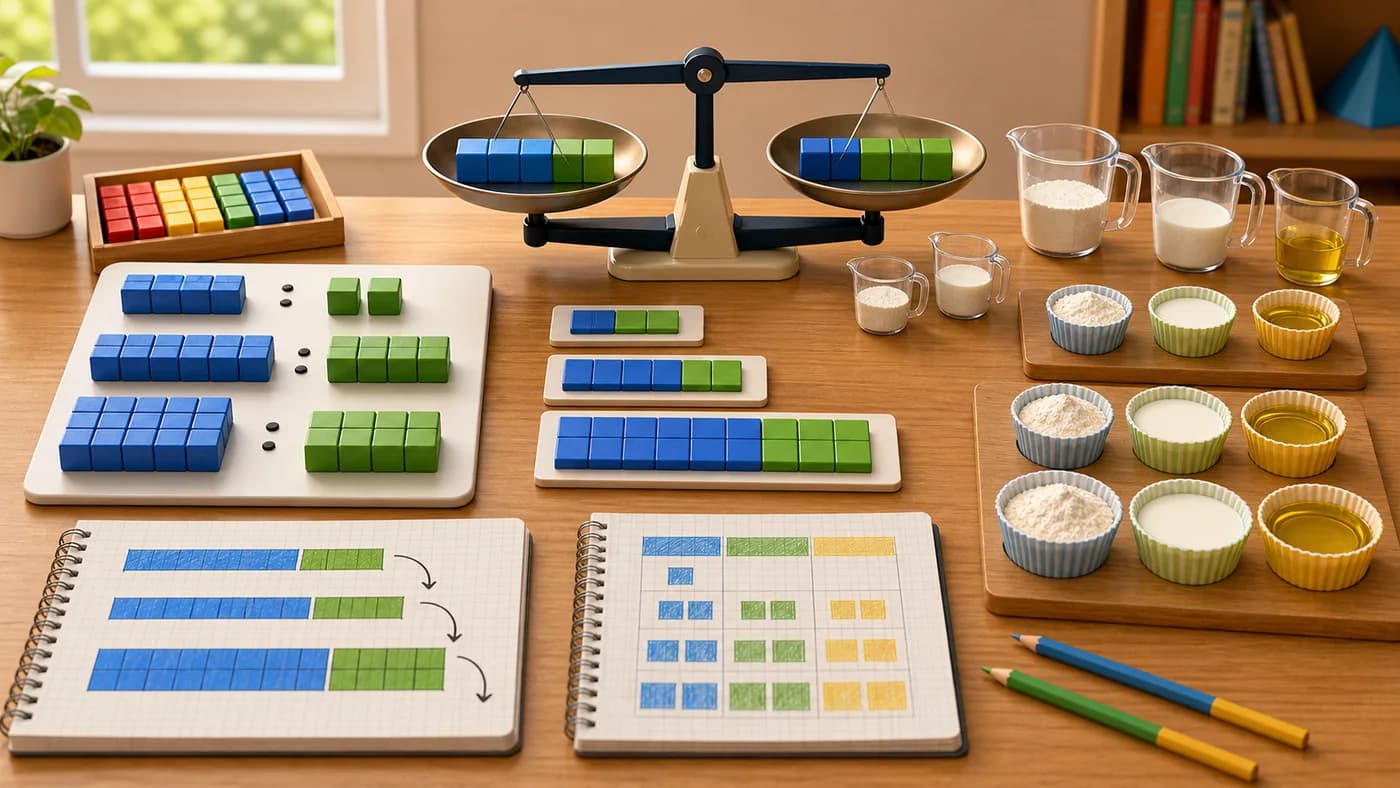 Coloured blocks, balance scale, and recipe cups arranged as proportional groups.