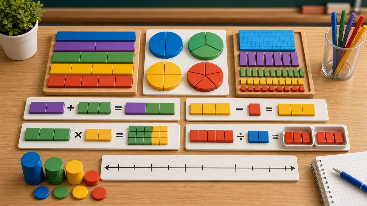 Fraction bars, decimal tiles, counters, and a blank number line showing rational number operations.
