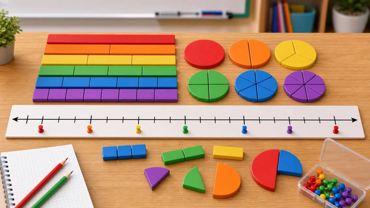 Fraction bars, pie pieces, and coloured pins placed on a blank tick-mark number line to show rational numbers.