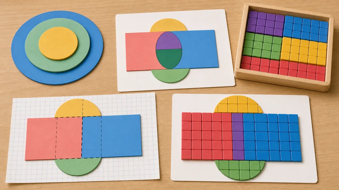 Layered circular cutouts, overlapping shapes, and coloured tiles showing rings and combined figures.