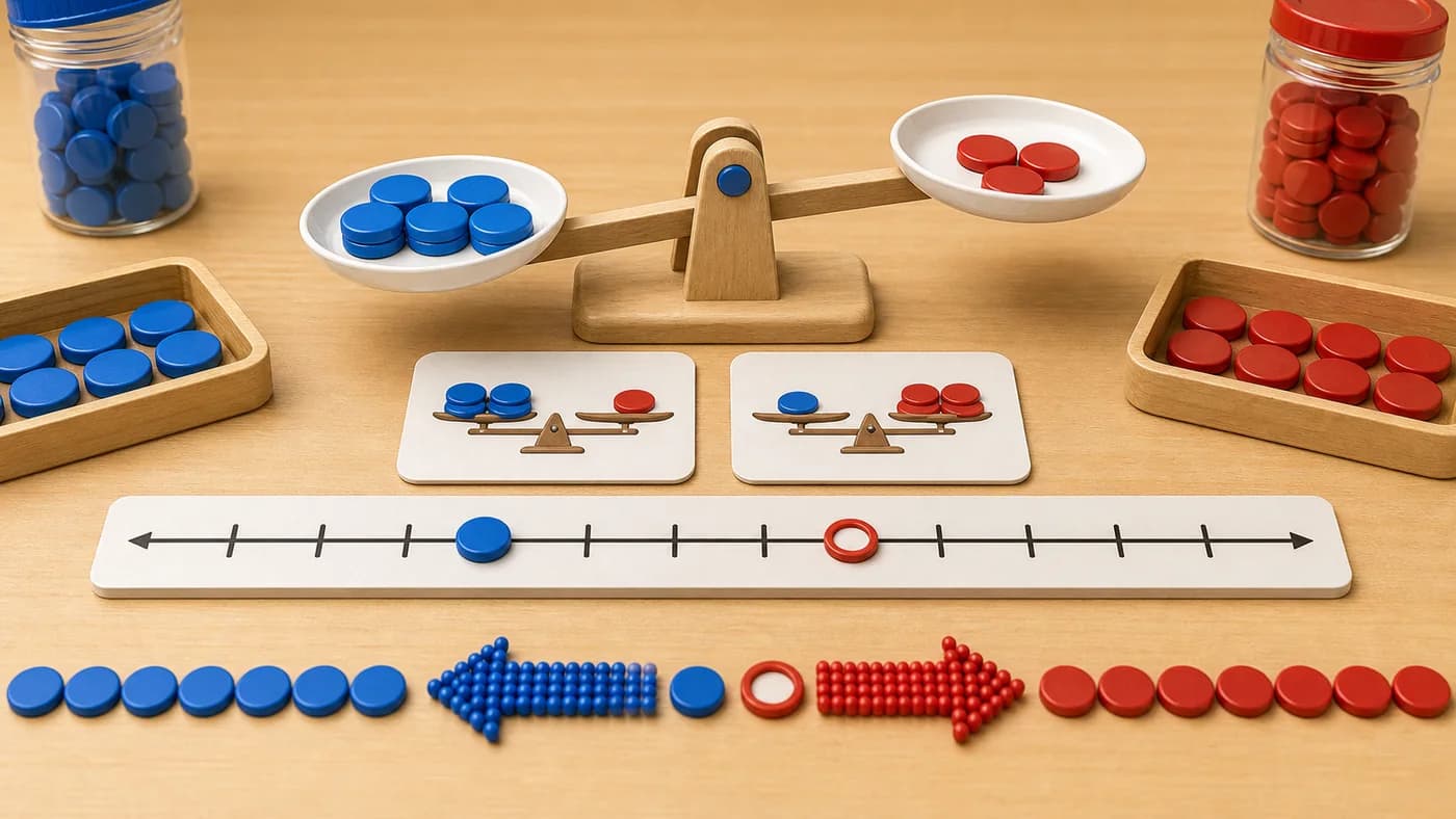 Uneven balance pans, counters, coloured circle markers, and a shaded direction arrow on a blank number line.